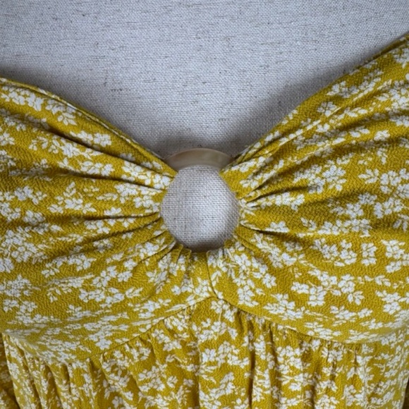 American Eagle Smocked Top Womens Yellow Floral Long Sleeve Sweetheart - Picture 3 of 5